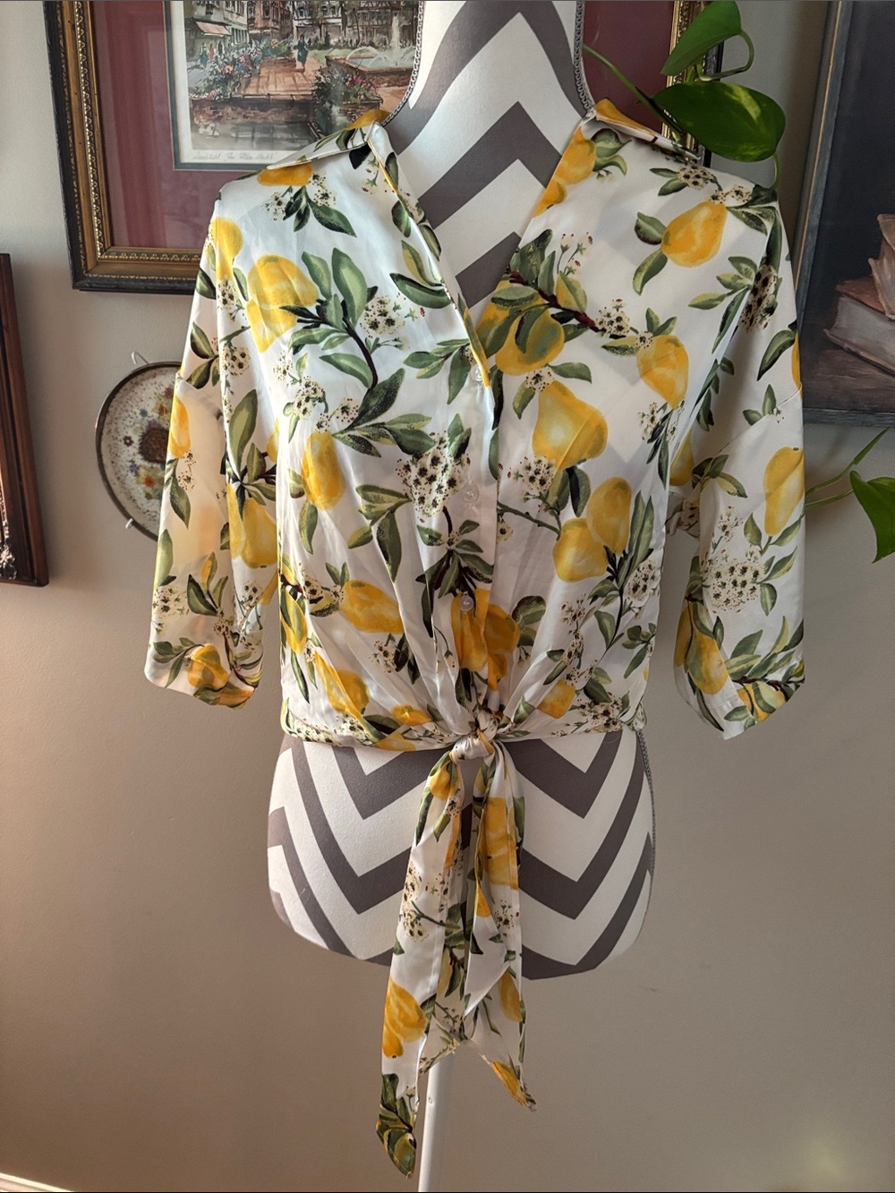 Have White Lemon-Print Tie-Front Blouse